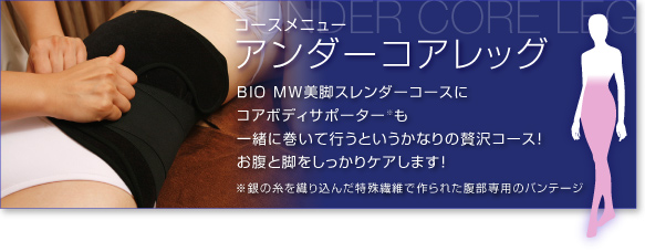 コースメニュー コアボディ特殊マシンとバンテージで腹部脂肪にロックオン!腹部内臓脂肪型・ストレス性の腹部集中肥満型・ぽっこりお腹のための“ヒーリングしながら集中エステ!”