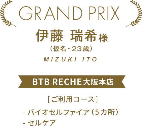GRAND PRIX 伊藤 瑞希様（仮名・23歳） BTB RECHE大阪本店 [ご利用コース]- バイオセルファイア（5カ所）- セルケア